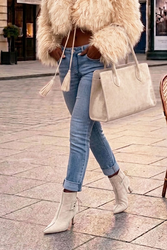 Dress ankle boots back laces in egg shell beige leather with high slim heels and pointed toe -Worn view